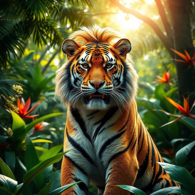 A bold tiger showcasing a trendy mullet haircut, positioned dynamically in a vibrant jungle backdrop