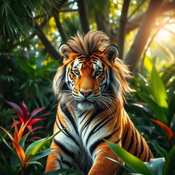 A bold tiger showcasing a trendy mullet haircut, positioned dynamically in a vibrant jungle backdrop