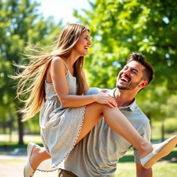 A young woman seated on a man's leg in a casual and playful manner, both laughing together in a sunlit park