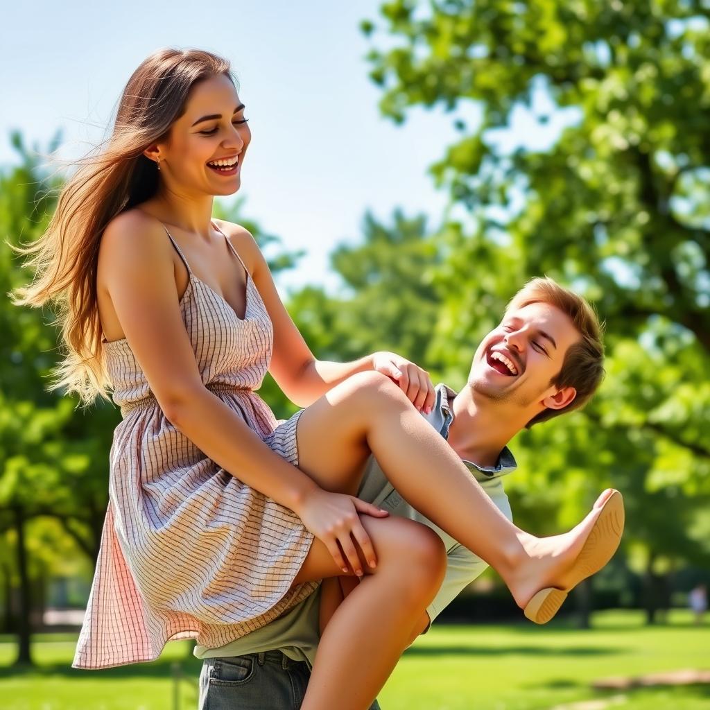 A young woman seated on a man's leg in a casual and playful manner, both laughing together in a sunlit park