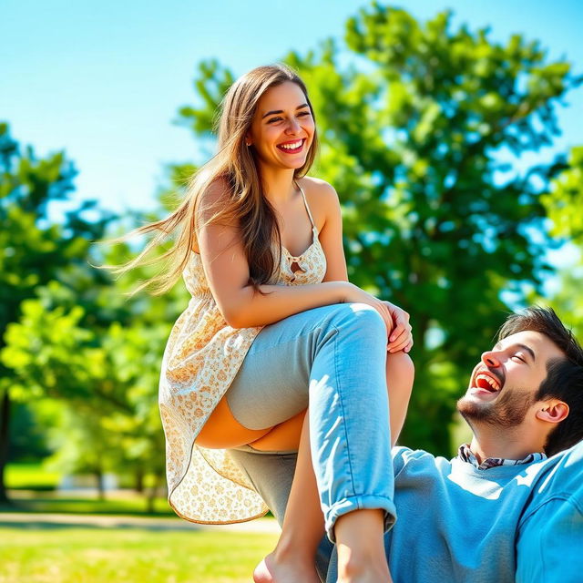 A young woman seated on a man's leg in a casual and playful manner, both laughing together in a sunlit park