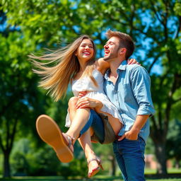 A young woman seated on a man's leg in a casual and playful manner, both laughing together in a sunlit park