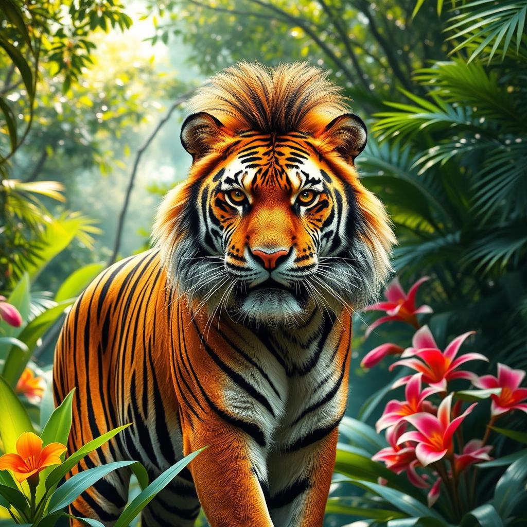 An impressive tiger with a stylish mullet haircut, confidently posed in a vivid jungle environment