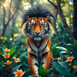 An impressive tiger with a stylish mullet haircut, confidently posed in a vivid jungle environment