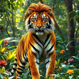 An impressive tiger with a stylish mullet haircut, confidently posed in a vivid jungle environment