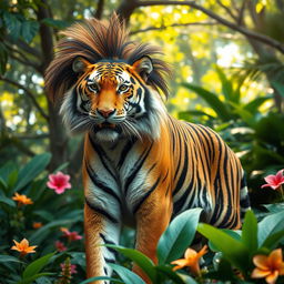 An impressive tiger with a stylish mullet haircut, confidently posed in a vivid jungle environment