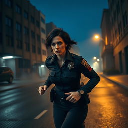 A dynamic scene of a determined female police officer running through a dimly lit urban street at night