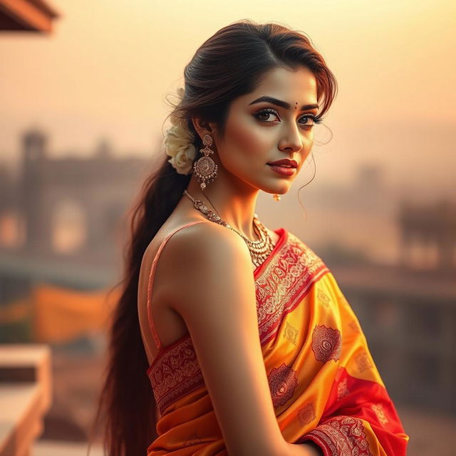 A beautiful and alluring woman wearing a vibrant, intricately designed saree that elegantly drapes around her figure