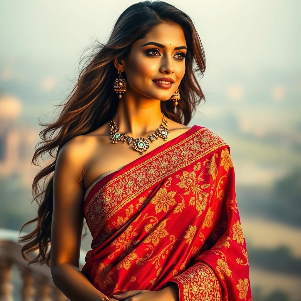 A beautiful and alluring woman wearing a vibrant, intricately designed saree that elegantly drapes around her figure