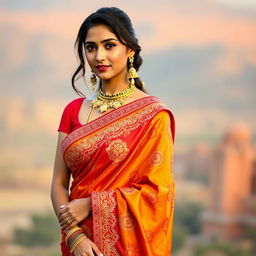 A beautiful and alluring woman wearing a vibrant, intricately designed saree that elegantly drapes around her figure
