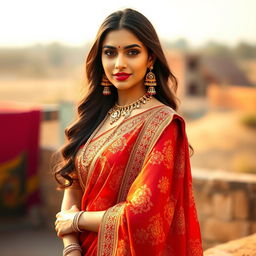 A beautiful and alluring woman wearing a vibrant, intricately designed saree that elegantly drapes around her figure