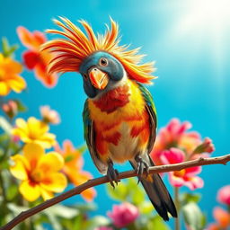A quirky bird sporting a flamboyant mullet haircut, perched playfully on a branch in a bright, colorful environment