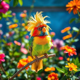 A quirky bird sporting a flamboyant mullet haircut, perched playfully on a branch in a bright, colorful environment