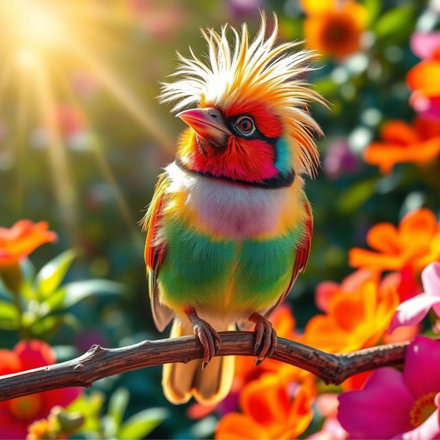 A quirky bird sporting a flamboyant mullet haircut, perched playfully on a branch in a bright, colorful environment