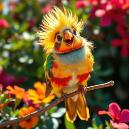A quirky bird sporting a flamboyant mullet haircut, perched playfully on a branch in a bright, colorful environment