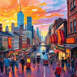 An impressionist painting depicting a lively and bustling cityscape filled with vibrant colors and dynamic brush strokes