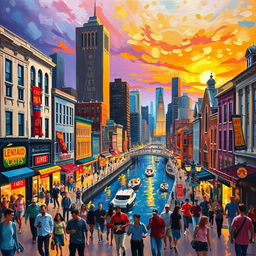 An impressionist painting depicting a lively and bustling cityscape filled with vibrant colors and dynamic brush strokes