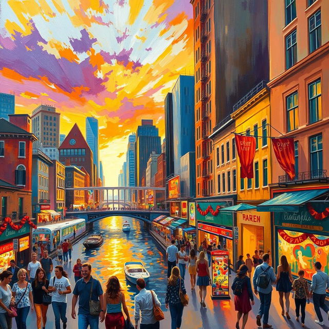 An impressionist painting depicting a lively and bustling cityscape filled with vibrant colors and dynamic brush strokes