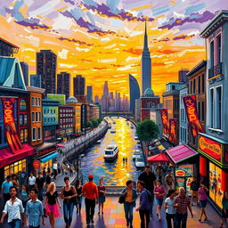 An impressionist painting depicting a lively and bustling cityscape filled with vibrant colors and dynamic brush strokes