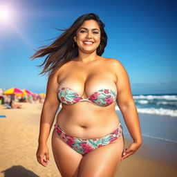 A beautiful, chubby, sexy lady confidently wearing a stylish bikini at a sunny beach