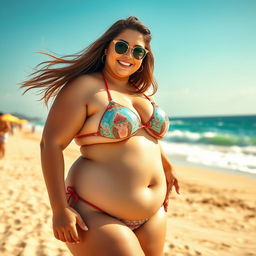 A beautiful, chubby, sexy lady confidently wearing a stylish bikini at a sunny beach
