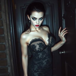 A full-length photographic image of an hourglass-shaped and beautiful 19-year-old woman with pale skin and thick black hair, standing at the entrance of a haunted mansion