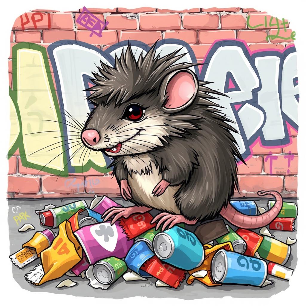 A playful rat with a stylish mullet haircut, illustrated in a whimsical urban setting