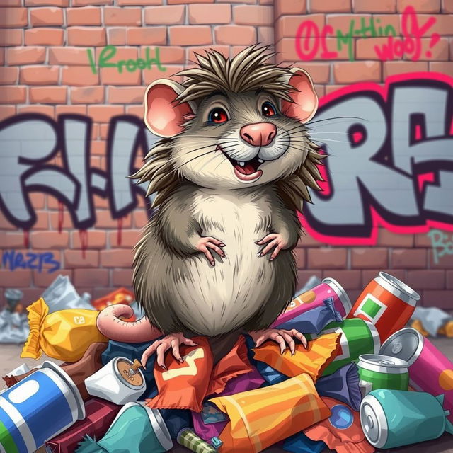 A playful rat with a stylish mullet haircut, illustrated in a whimsical urban setting