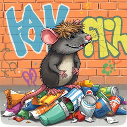 A playful rat with a stylish mullet haircut, illustrated in a whimsical urban setting