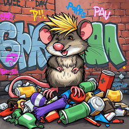 A playful rat with a stylish mullet haircut, illustrated in a whimsical urban setting
