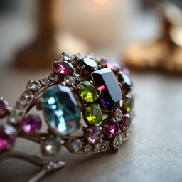 A close-up shot of a beautifully crafted jeweled piece, showcasing sparkling gemstones intricately set in a delicate design