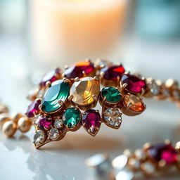 A close-up shot of a beautifully crafted jeweled piece, showcasing sparkling gemstones intricately set in a delicate design