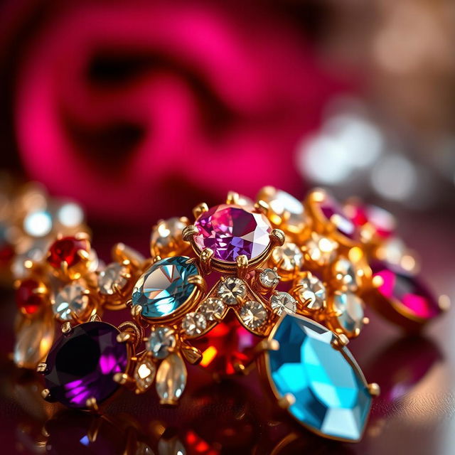 A close-up shot of a beautifully crafted jeweled piece, showcasing sparkling gemstones intricately set in a delicate design