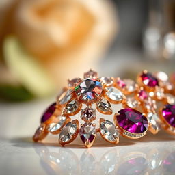 A close-up shot of a beautifully crafted jeweled piece, showcasing sparkling gemstones intricately set in a delicate design