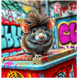 A playful rat sporting a trendy mullet haircut, set against a lively urban backdrop