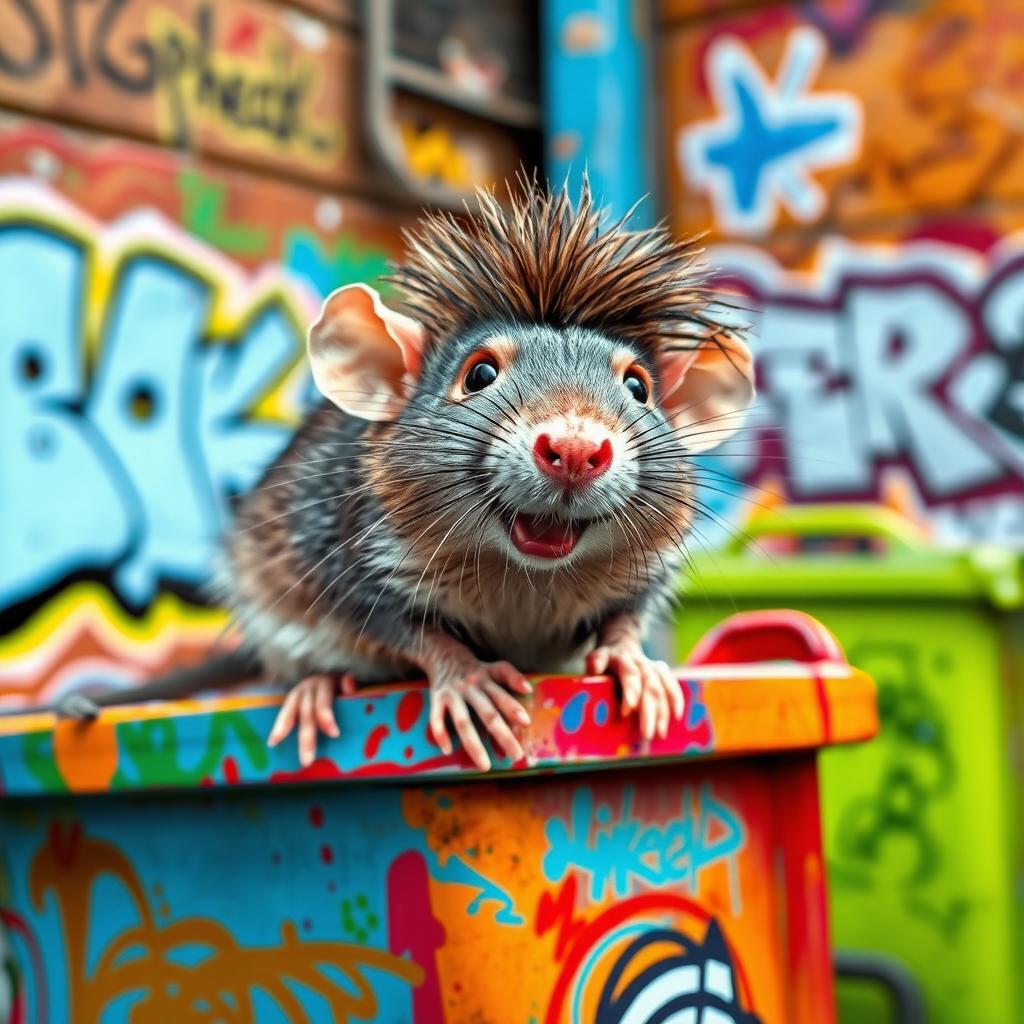 A playful rat sporting a trendy mullet haircut, set against a lively urban backdrop