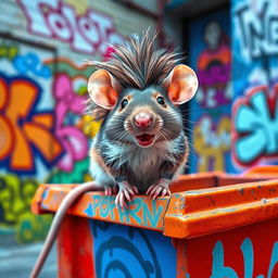 A playful rat sporting a trendy mullet haircut, set against a lively urban backdrop