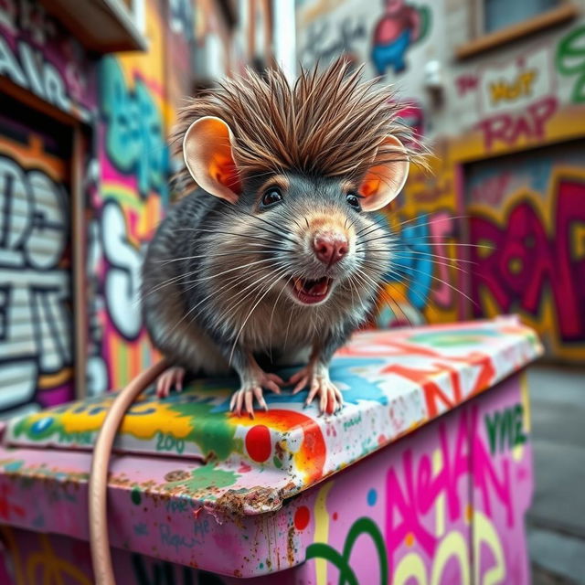 A playful rat sporting a trendy mullet haircut, set against a lively urban backdrop