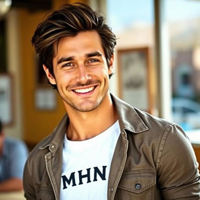 An attractive man wearing a stylish MHN shirt, showcasing a confident and charming demeanor