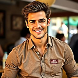 An attractive man wearing a stylish MHN shirt, showcasing a confident and charming demeanor