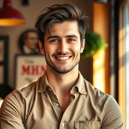 An attractive man wearing a stylish MHN shirt, showcasing a confident and charming demeanor