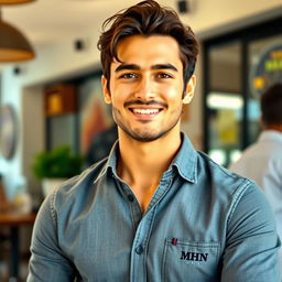 An attractive man wearing a stylish MHN shirt, showcasing a confident and charming demeanor