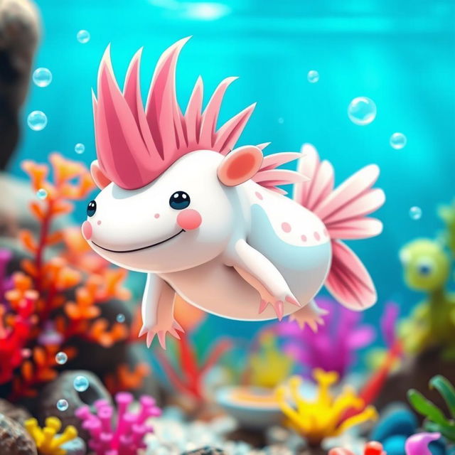 A whimsical axolotl featuring a stylish mullet haircut, swimming gracefully in a vibrant underwater scene