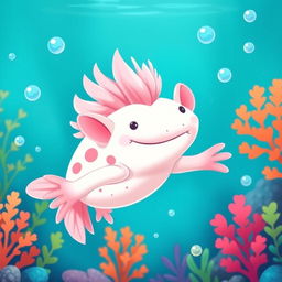A whimsical axolotl featuring a stylish mullet haircut, swimming gracefully in a vibrant underwater scene
