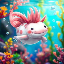 A whimsical axolotl featuring a stylish mullet haircut, swimming gracefully in a vibrant underwater scene