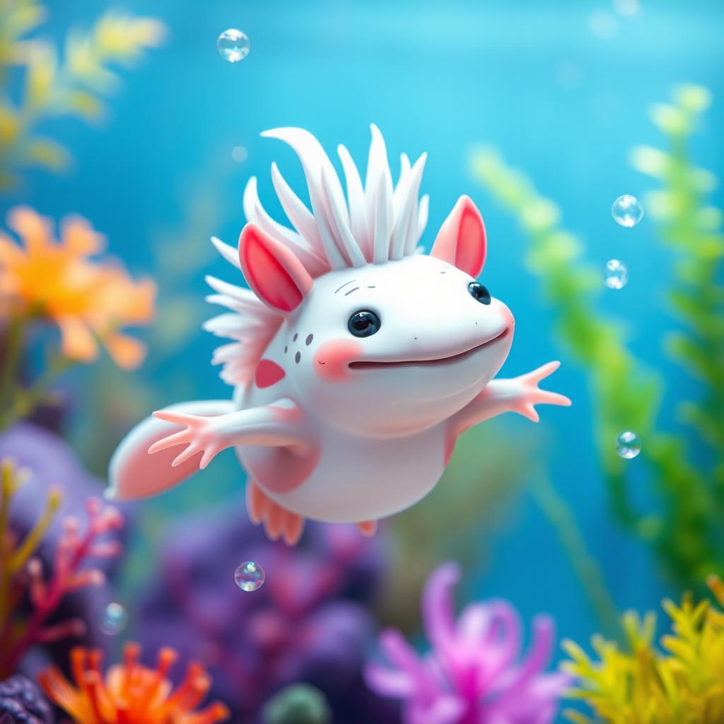 A whimsical axolotl featuring a stylish mullet haircut, swimming gracefully in a vibrant underwater scene