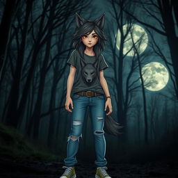 A girl werewolf standing confidently in a casual outfit