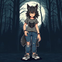 A girl werewolf standing confidently in a casual outfit