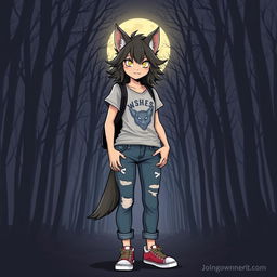 A girl werewolf standing confidently in a casual outfit