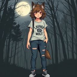 A girl werewolf standing confidently in a casual outfit
